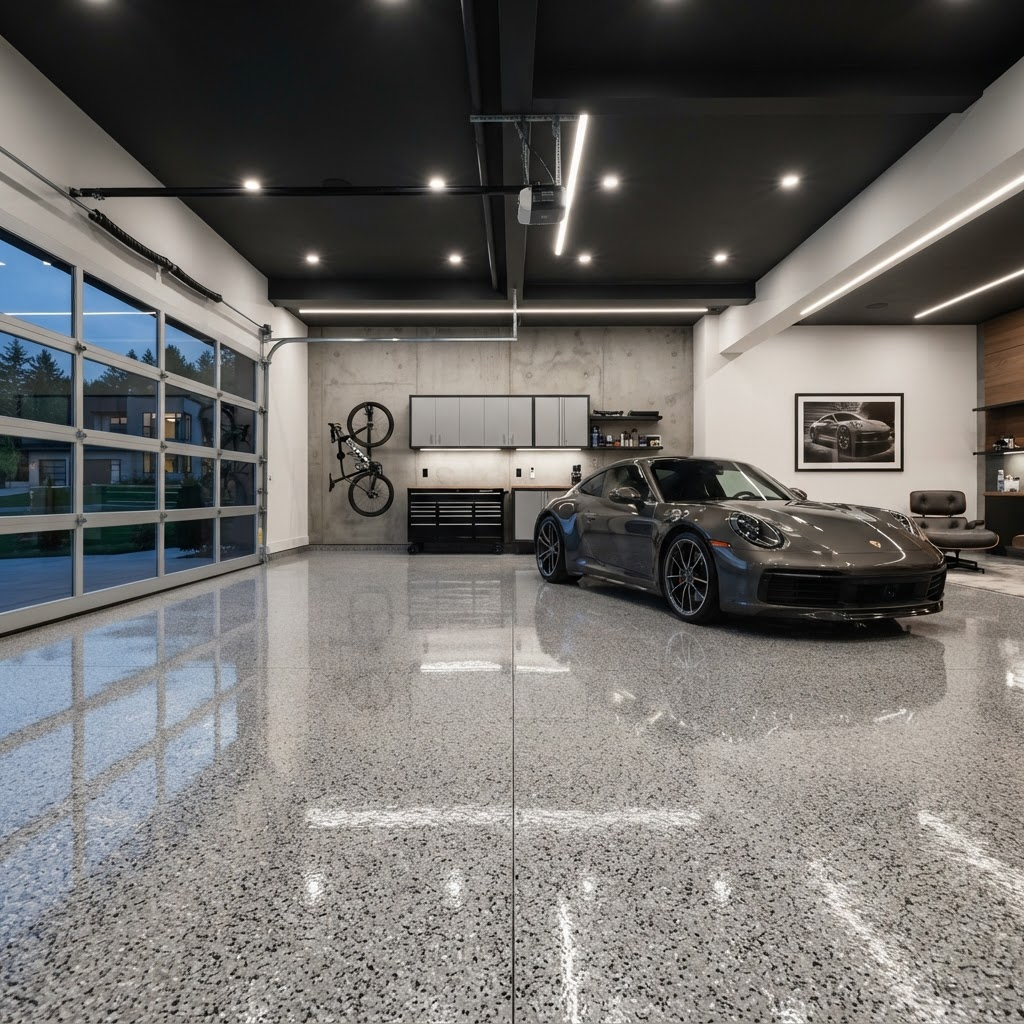 Freshly coated residential garage floor with a high-gloss flake finish